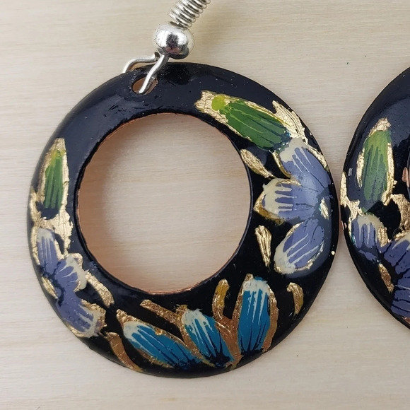 HANDMADE Dangle Earrings Mexican Copper Hand Painted Black Floral Earrings - Picture 4 of 5
